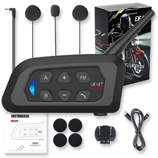 INTERKOM MOTOCYKLOWY BLUETOOTH 5.1 SŁUCHAWKI NA KASK BT MOTOCYKL PRO ROWER EJEAS V4 PLUS